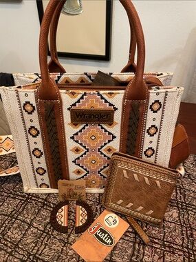 Wrangler Southwestern Handbag, Justin Wallet and Justin Earrings Bundle
